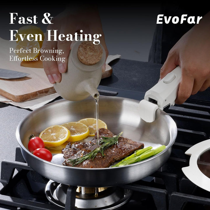 EvoFar Topfsets Edelstahl Pfannenset 14Stk Kochgeschirr Set mit Abnehmbaren Griffen, Pfanne 24cm, To