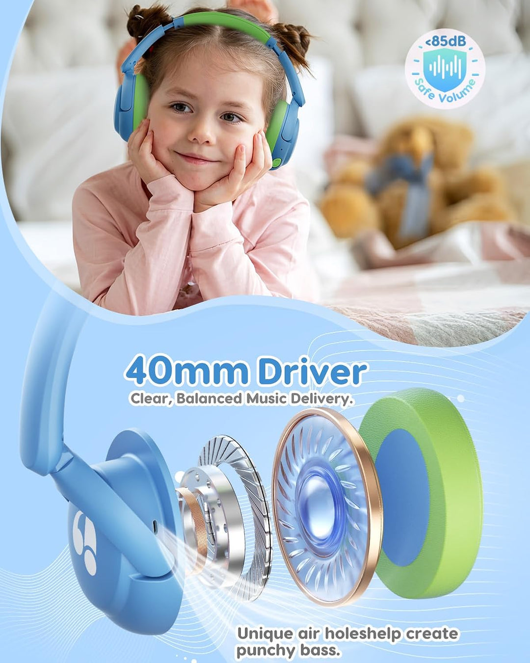 awatrue Bluetooth Kopfhörer Kinder, 85dBA Sicheres Volumen, Bluetooth 5.4, BPA Frei/CPC Zertifiziert