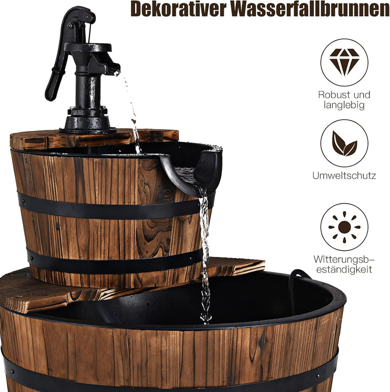 GOPLUS Holzfass-Brunnen mit Hochleistungspumpe, Springbrunnen aus Tannenholz, Wasserspiel im Freien