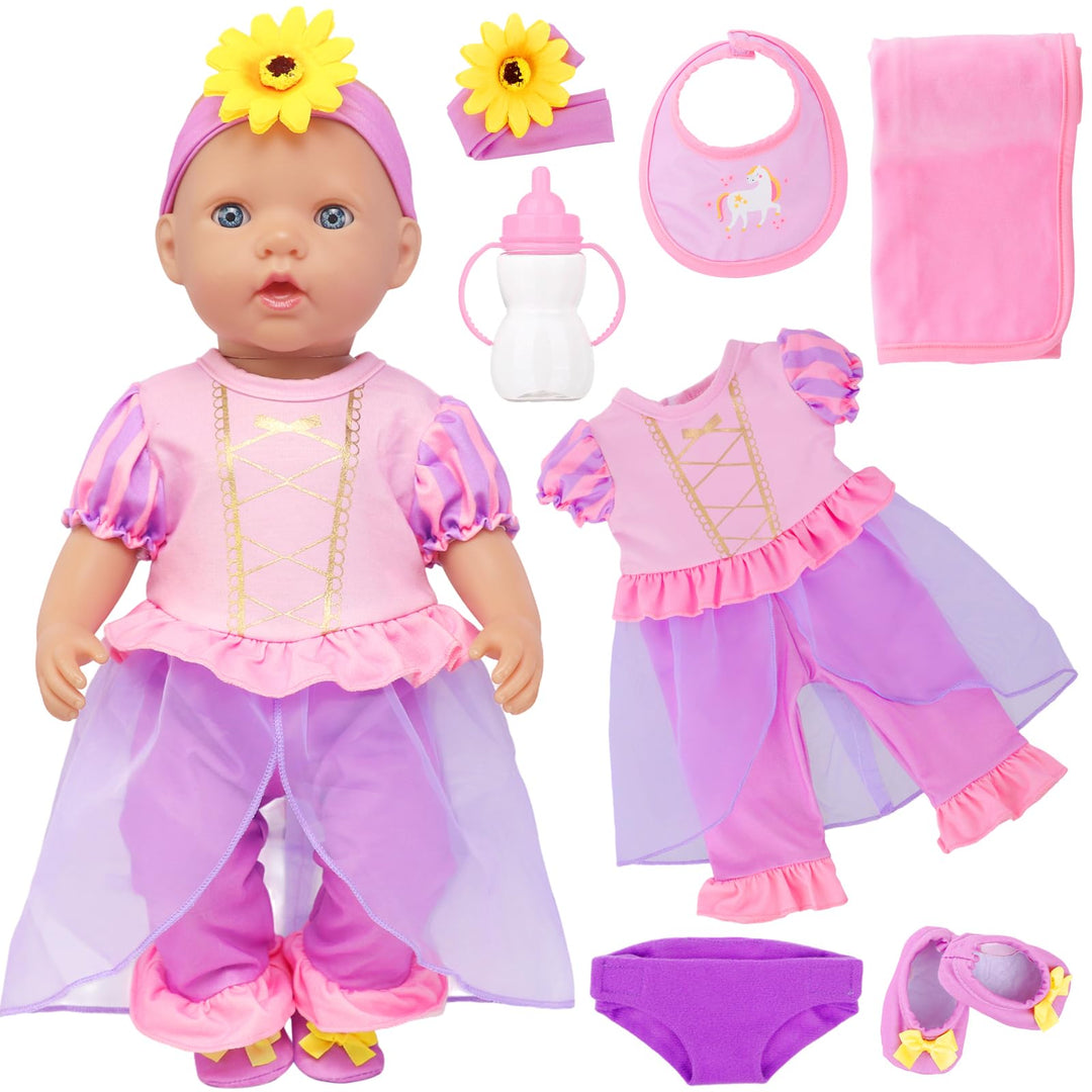 7 Teile Puppenkleidung für 40 bis 46 cm - Strampler Outfit und Zubehör Set Geschenk, ohne Puppe