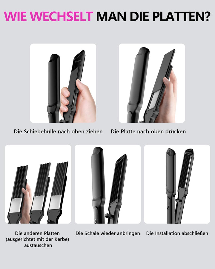 Welleneisen für Beach Waves, 4 in 1 Haarglätter Kreppeisen Multistyler Keramik Glätteisen und Wellei