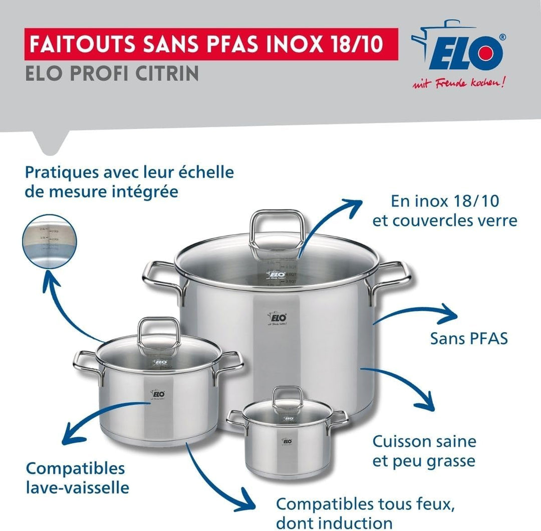 ELO 9500350 Kochgeschirr-Set, 4-teilig, 1 Bratpfanne 32 cm und 3 Kochtöpfe 12, 16 und 26 cm Elo Prof