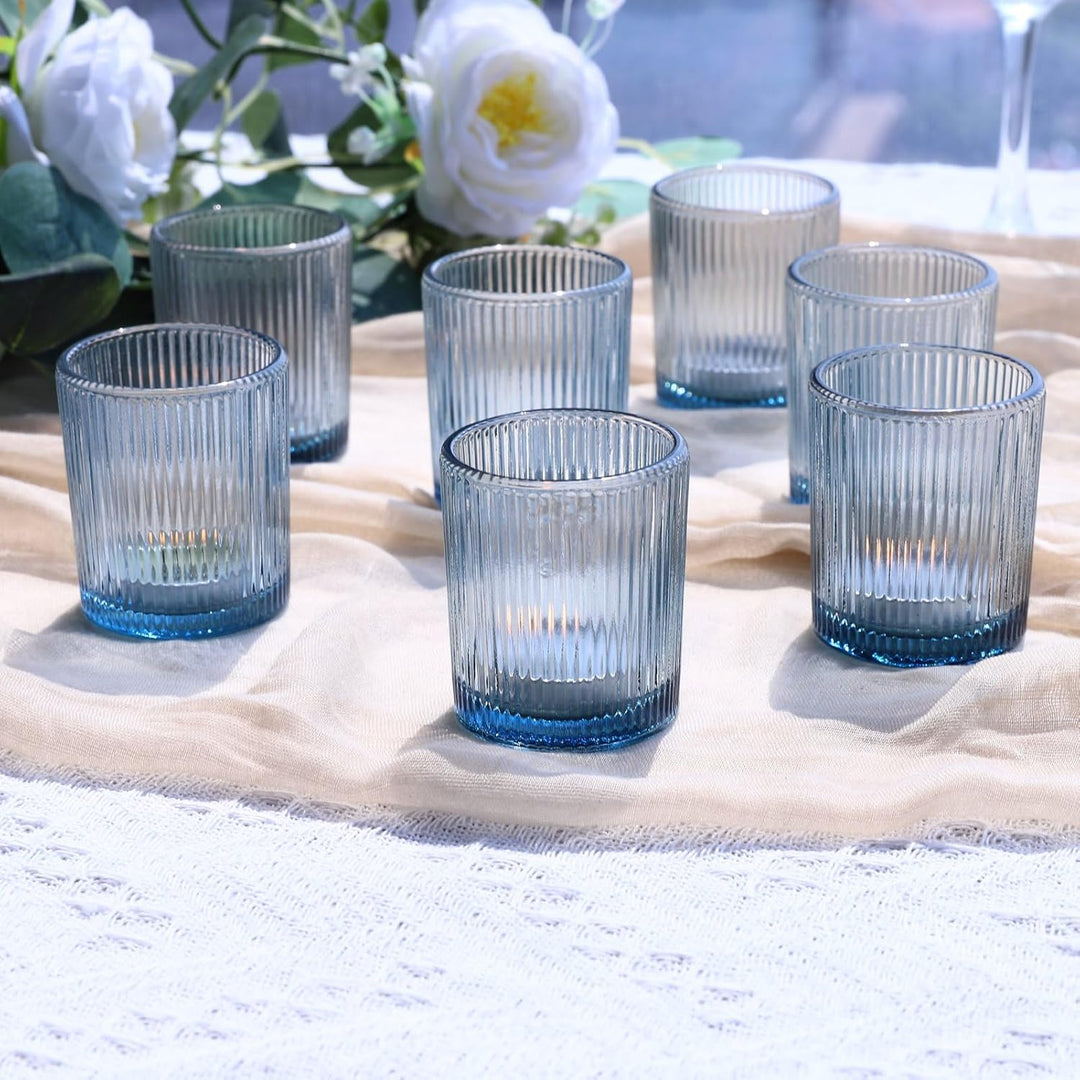 Vohocandle Blaue Teelichthalter12er-Set, Gerippter Teelichtgläser-Kerzenhalter für die Tischdekorati