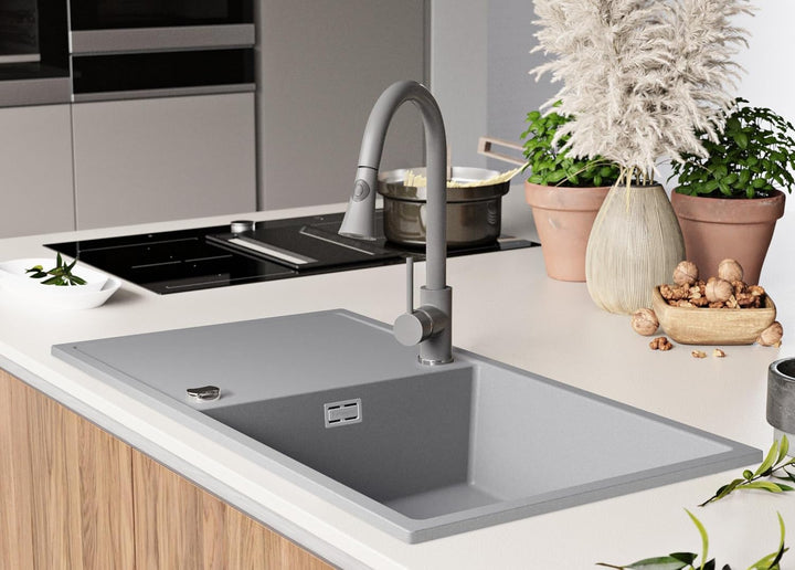 Spülbecken Grau 90x50 cm, Granitspüle 1 Becken XL + Ablauf-Set, Küchenspüle für 60er Unterschrank, E