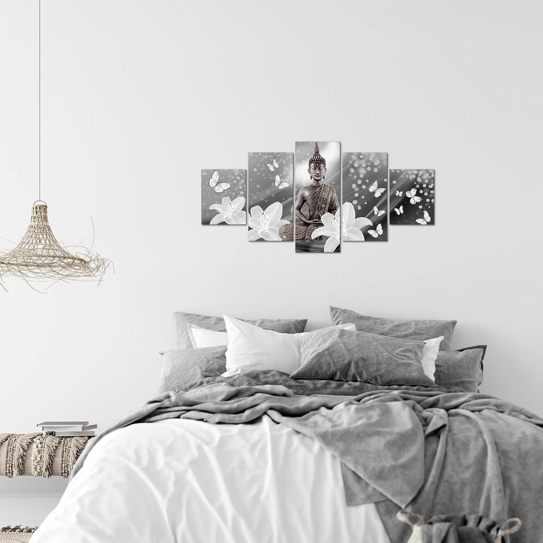 Runa Art Wandbilder Buddha Blumen 5 Teilig Bild auf Vlies Leinwand Deko Wohnzimmer Schmetterling Sch