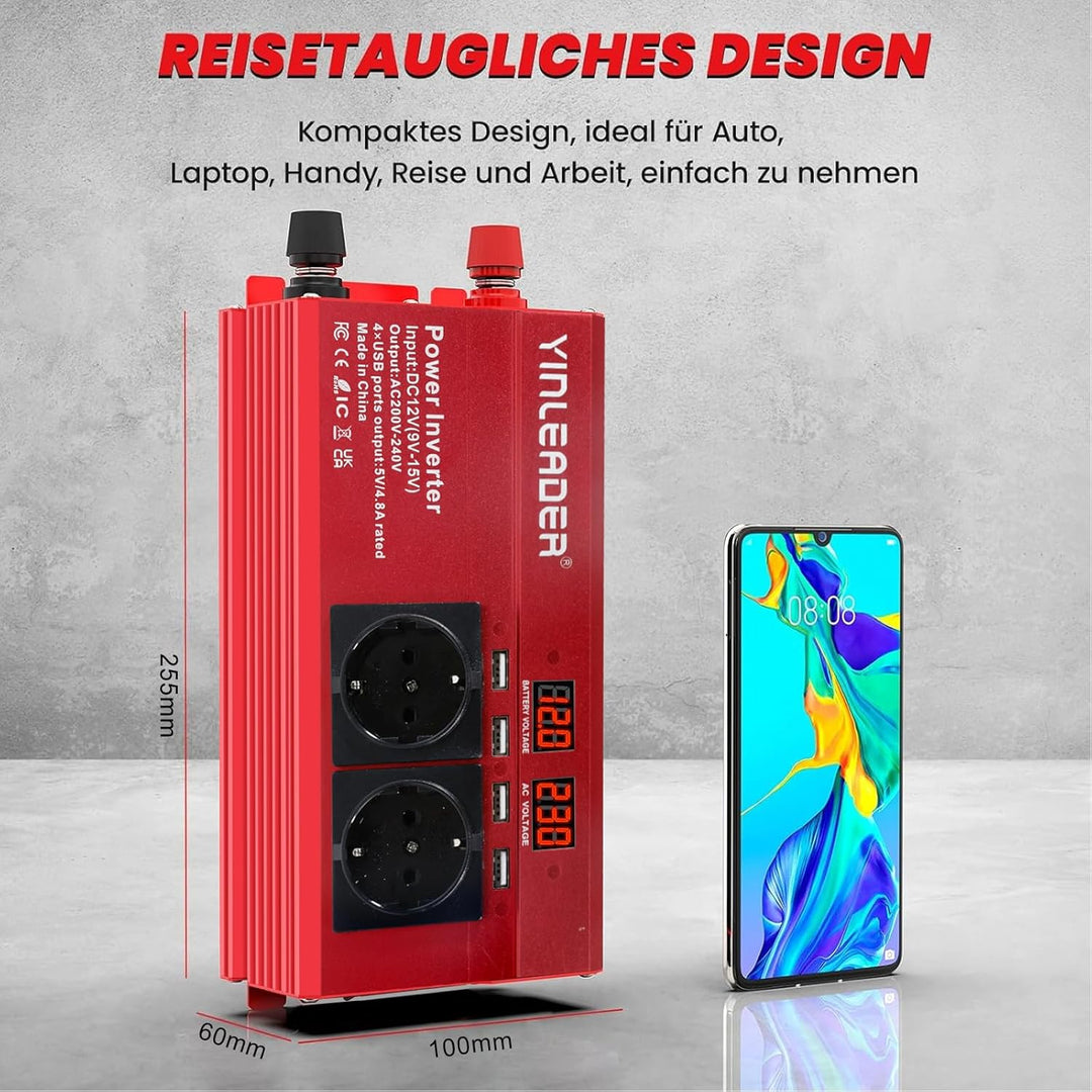 Spannungswandler 12V 230V 1000W/2000W Wechselrichter mit 2 Steckdose und 4 USB LED Spannungsanzeige