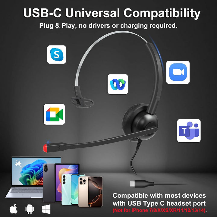 Callez USB-C Headset mit Mikrofon Noise Cancelling, Kabelgebundene Typ-C Kopfhörer für iPhone 17/16/