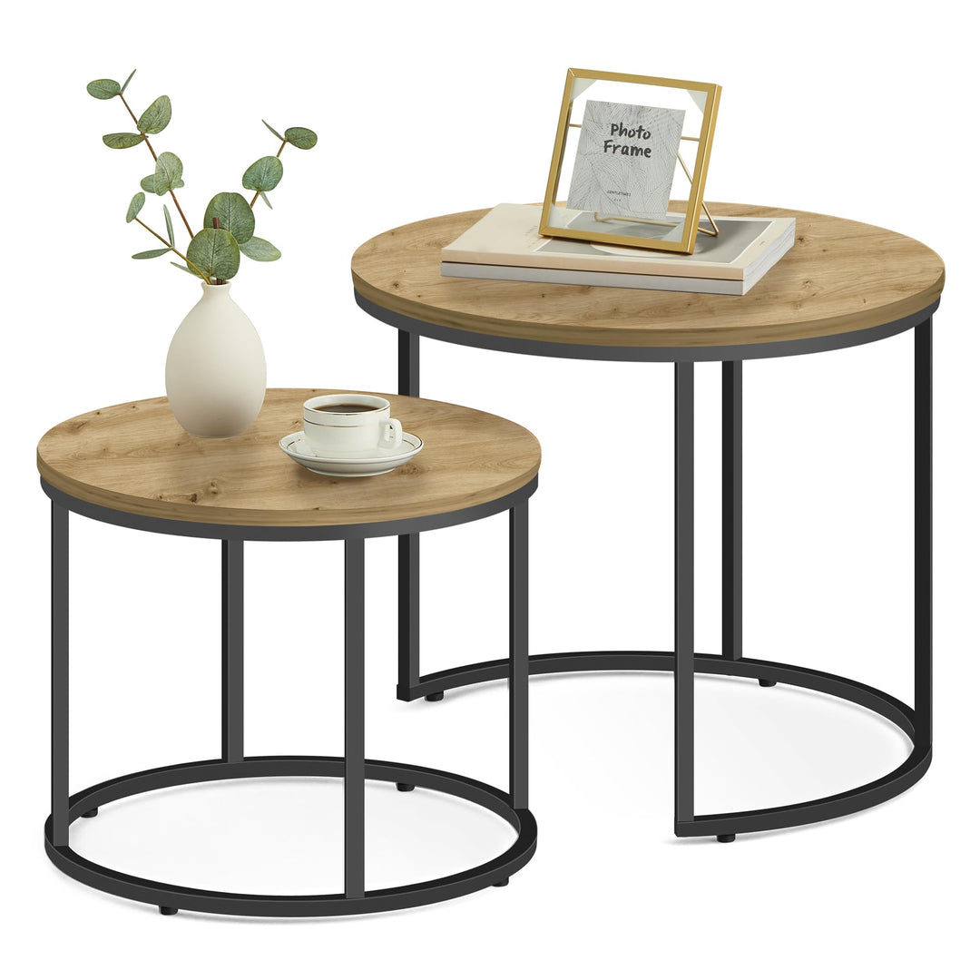 FORTENA 2er Set Couchtische, Schwarze oder goldene Metallbeine, Industrial-Stil, Raund (Artisan – Sc