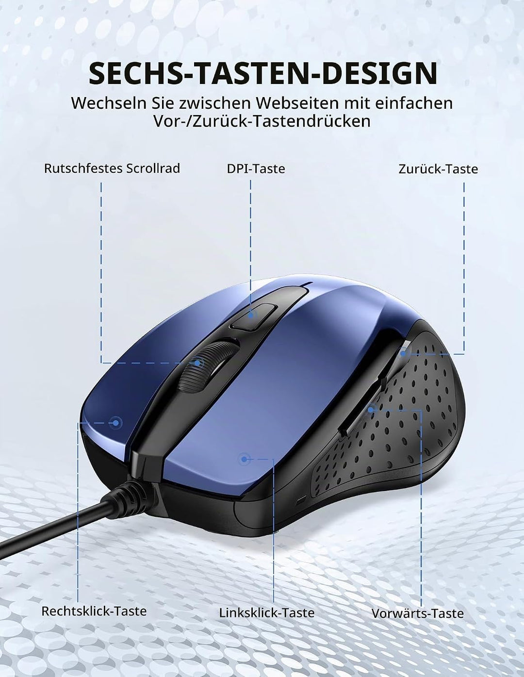 TECKNET Maus mit Kabel, Optical Business Mouse Verdrahtete Ergonomische Maus mit 6 Tasten, 2 Verstel