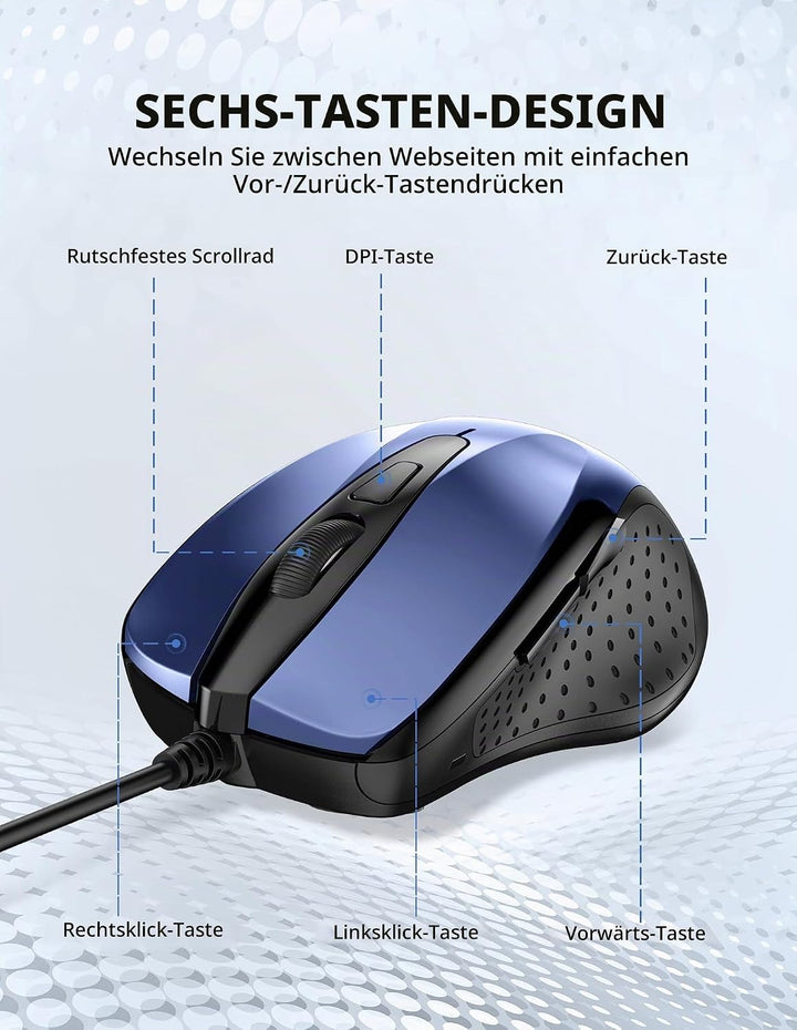 TECKNET Maus mit Kabel, Optical Business Mouse Verdrahtete Ergonomische Maus mit 6 Tasten, 2 Verstel