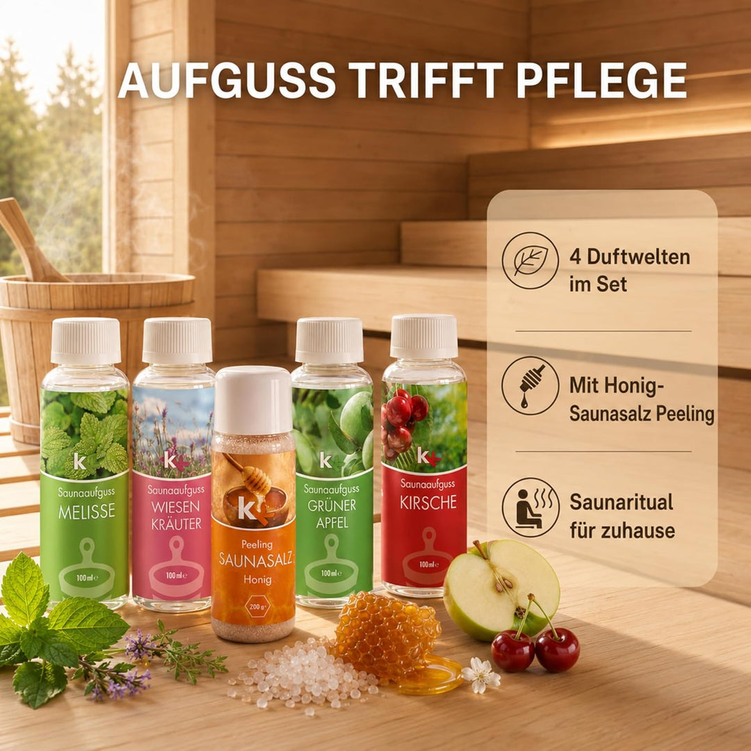 KK Sauna -Set mit Salz Peeling | KK Saunaaufgussset"Altes Land" 4 x 100 ml + 200 g KK Saunasalz"Honi
