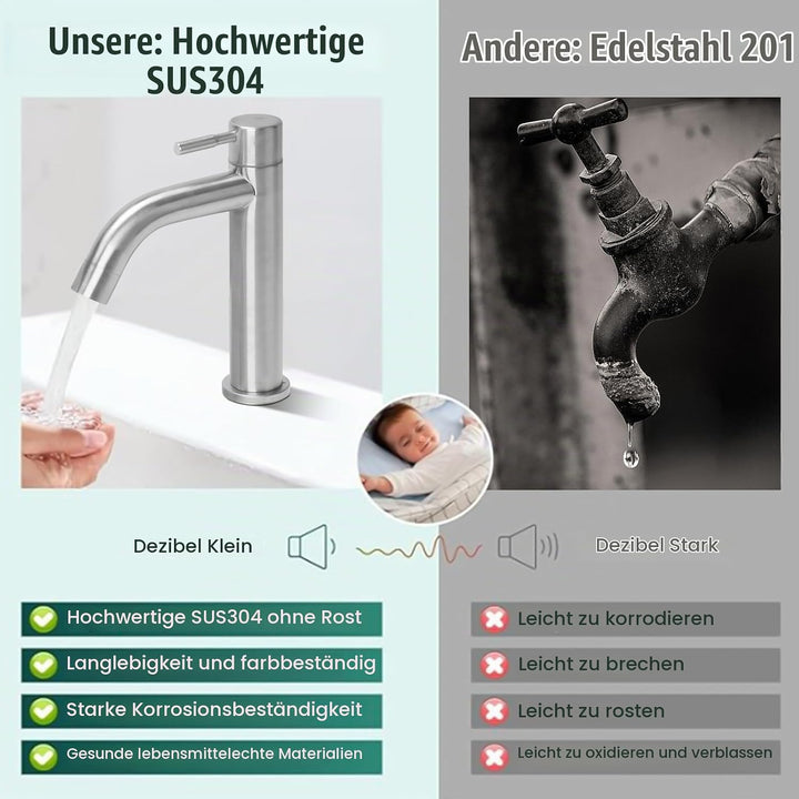 Waschtischarmatur Edelstahl Kaltwasserhahn Gäste WC mit Schlauch, Kaltwasser Armatur, Wasserhahn Bad