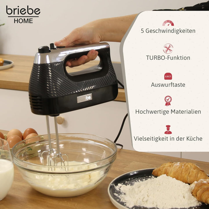 briebe Elegance Handmixer 400W, Handrührgerät Konditorei-Spezial 5 Geschwindigkeiten + Turbo, Handrü