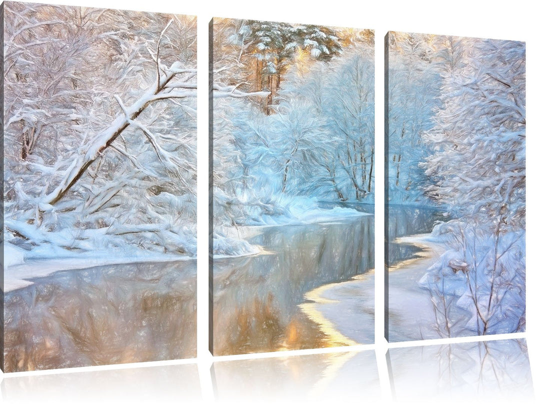 Pixxprint Atemberaubende Winterlandschaft Bunstift Effekt 3-Teiler Leinwandbild 120x80 Bild auf Lein