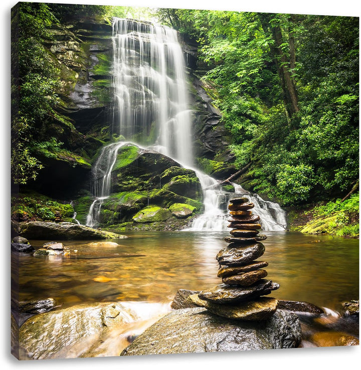 Zen Steine vor Wasserfall, Format: 70x70 auf Leinwand, XXL riesige Bilder fertig gerahmt mit Keilrah