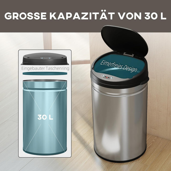 HOMCOM Mülleimer mit Sensor 30L Edelstahl Automatischer Leiser Mülleimer mit Soft-Close-Deckel, Bewe