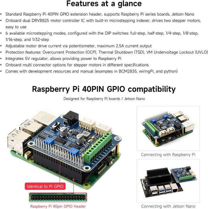 Waveshare Stepper Motor HAT for Raspberry Pi Drives Two Stepper Motors Up to 1/32 Microstepping