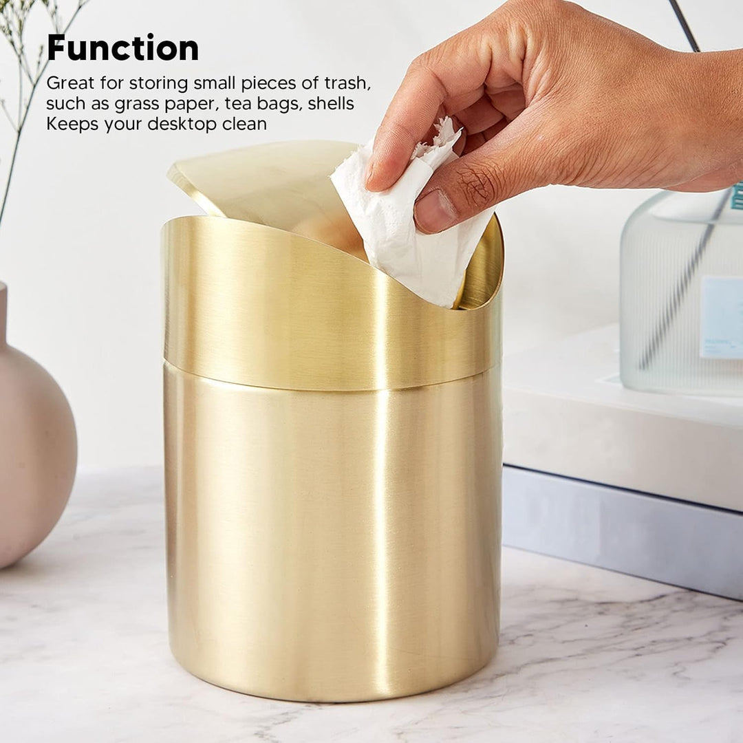 Mini Mülleimer, 16.58×12cm Edelstahl Mülleimer mit Schwing Deckel Gold Kleiner Desktop Abfallkorb fü