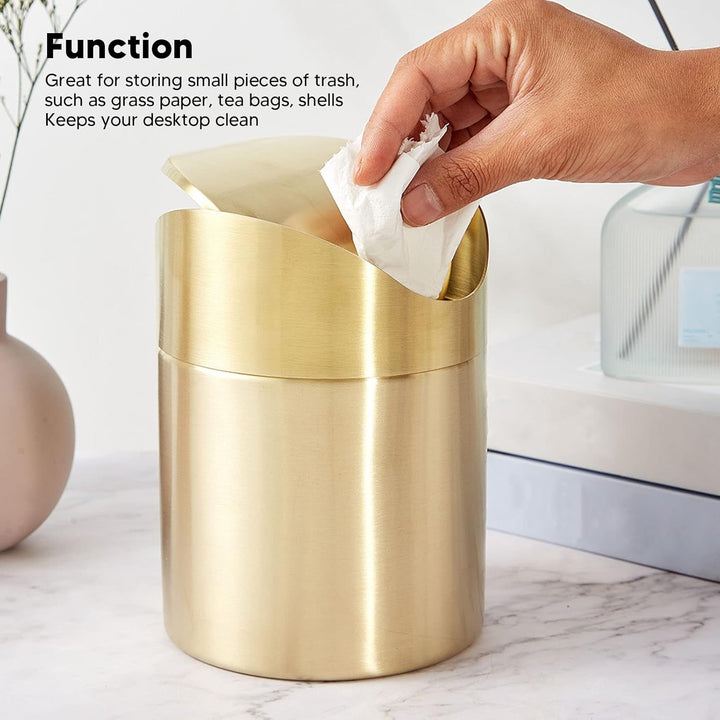 Mini Mülleimer, 16.58×12cm Edelstahl Mülleimer mit Schwing Deckel Gold Kleiner Desktop Abfallkorb fü