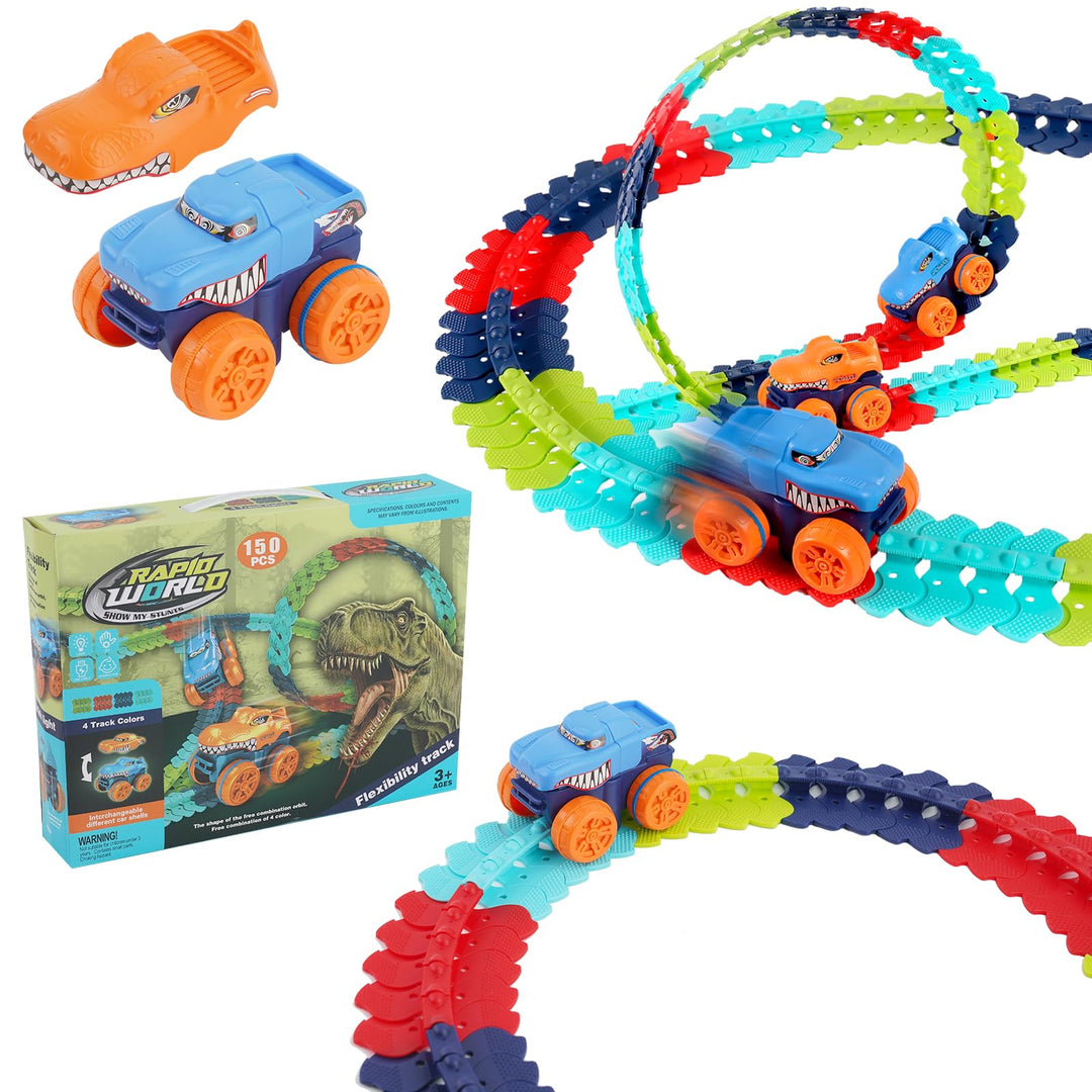 Kinder Rennbahn Spielzeug, 150pcs Autorennbahn Auto Spielzeug mit 2 Glow Cars Spielzeug, Autorennbah
