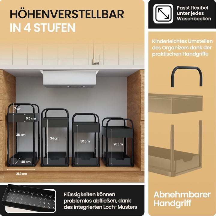 HELDENWERK Unter Waschbecken Regal für Spülenunterschrank höhenverstellbar mit 2 Etagen in schwarz I