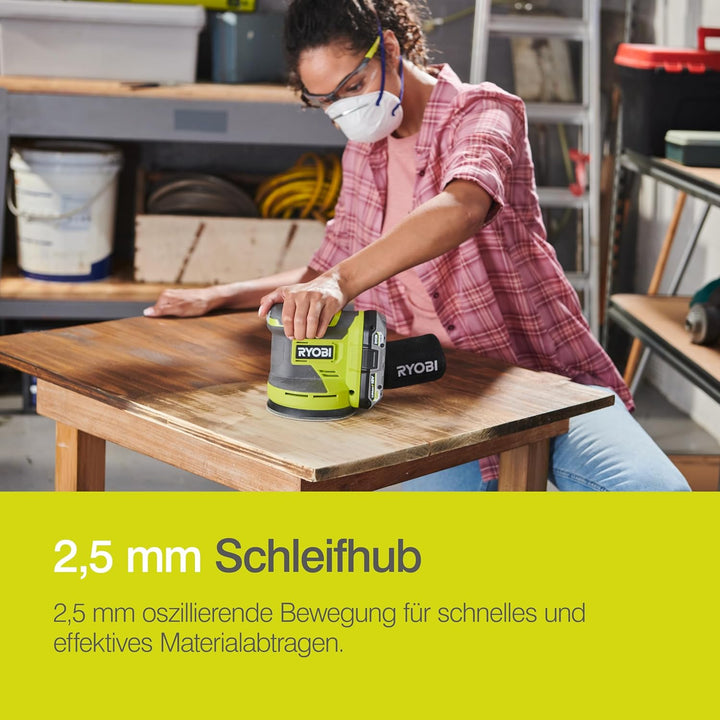 RYOBI 18 V ONE+ Akku-Exzenterschleifer RROS18-0, 125 mm Schleifteller, 2,5 mm Schwingkreis, Effizien