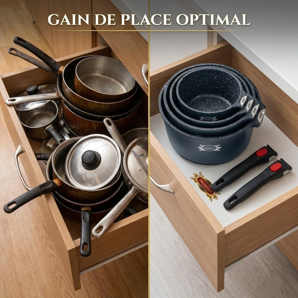 HAUSSMANN Heritage-Serie mit 3 Stieltöpfen, 16/18/20 cm, abnehmbarer Griff, Aluminiumguss, Steinbesc