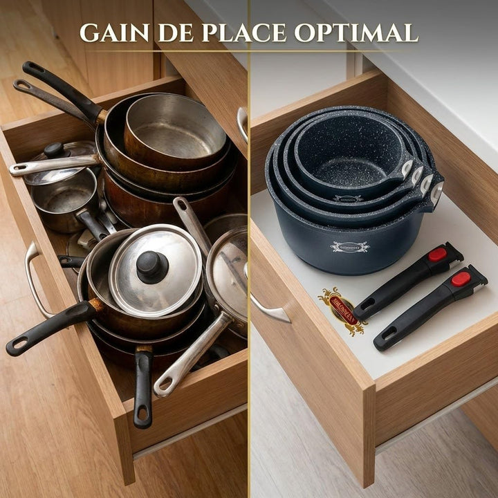 HAUSSMANN Heritage-Serie mit 3 Stieltöpfen, 16/18/20 cm, abnehmbarer Griff, Aluminiumguss, Steinbesc