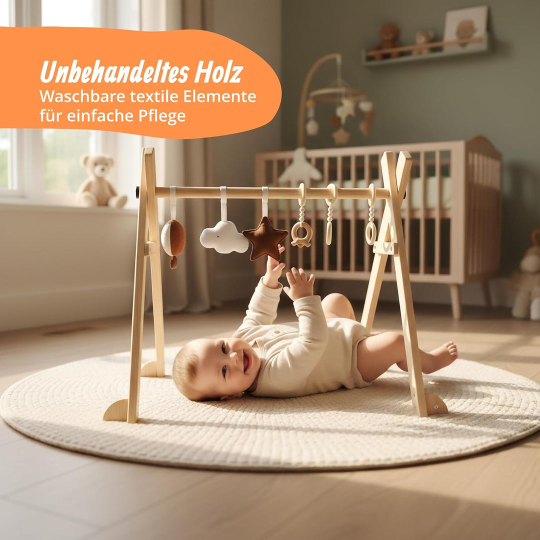 Relaxdays Spielbogen Holz, 6 abnehmbare Anhänger, HBT: 55 x 68 x 59,5 cm, Motorik fördern, Baby Gym,