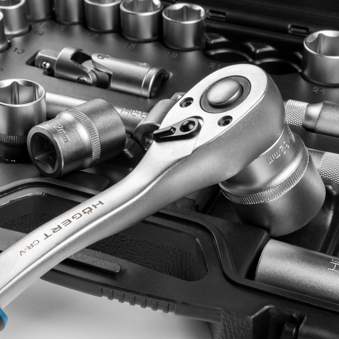 Högert Technik - Steckschlüsselsatz 24-teilig 1/2 Zoll mit Knarrenschlüssel, Ratsche, Stecknüssen 8-