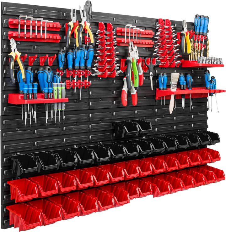 Lagersystem Werkstattregal | 117 x 78 cm | 44 stck. Box | Wandregal mit Werkzeughalterungen und Stap