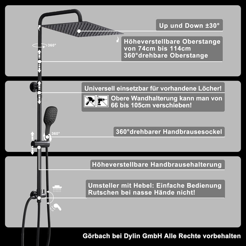 JOHO Regendusche Duschsystem ohne Armatur, Edelstahl Duschset mit Kopfbrause 20x20cm schwarz 2020MB