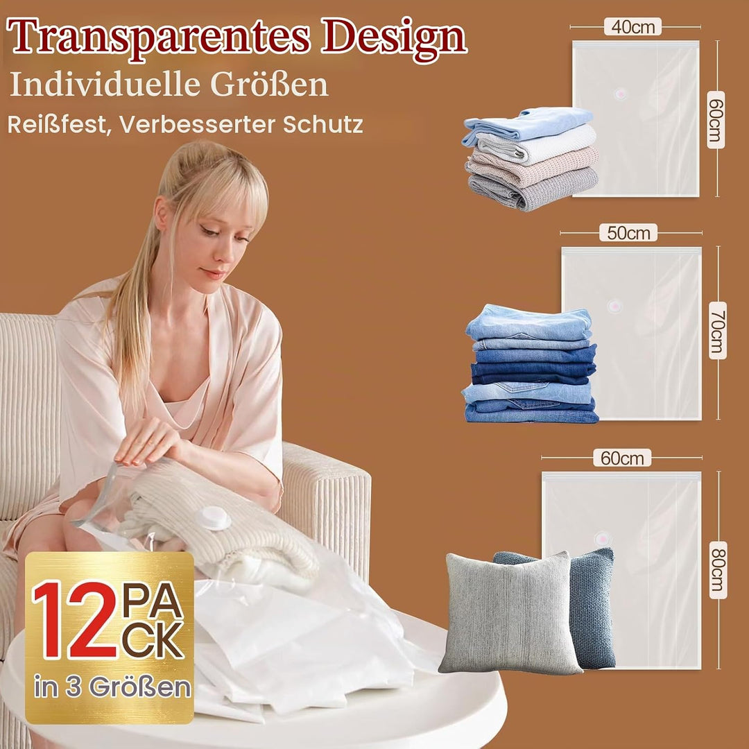 Vakuumbeutel für Kleidung mit Kabelloser Vakuumpumpe, 12er-Pack (4 gross, 4 mittelgross, 4 klein), W