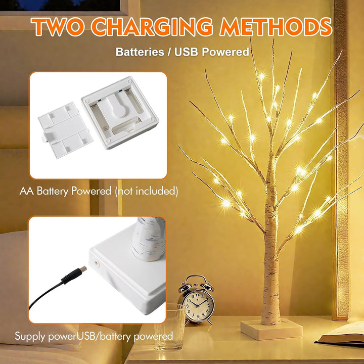 2er Set Lichterbaum Birke 60cm mit 24 Warmweissen LEDs, Verstellbare Äste Christmas LED Baum Dekolic