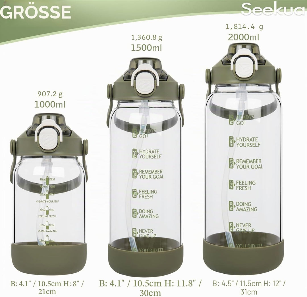 Seekua 1l Trinkflasche Glas Flasche mit Strohhalm &amp; Zeitmarkierung, 1 liter Wasserflasche mit Frücht