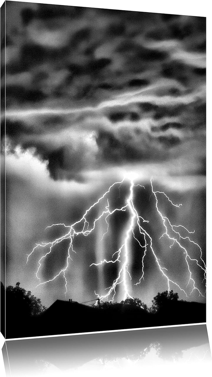 Pixxprint Einschlagender Blitz schwarz weiss als Leinwandbild | Grösse: 100x70 cm | Wandbild | Kunst