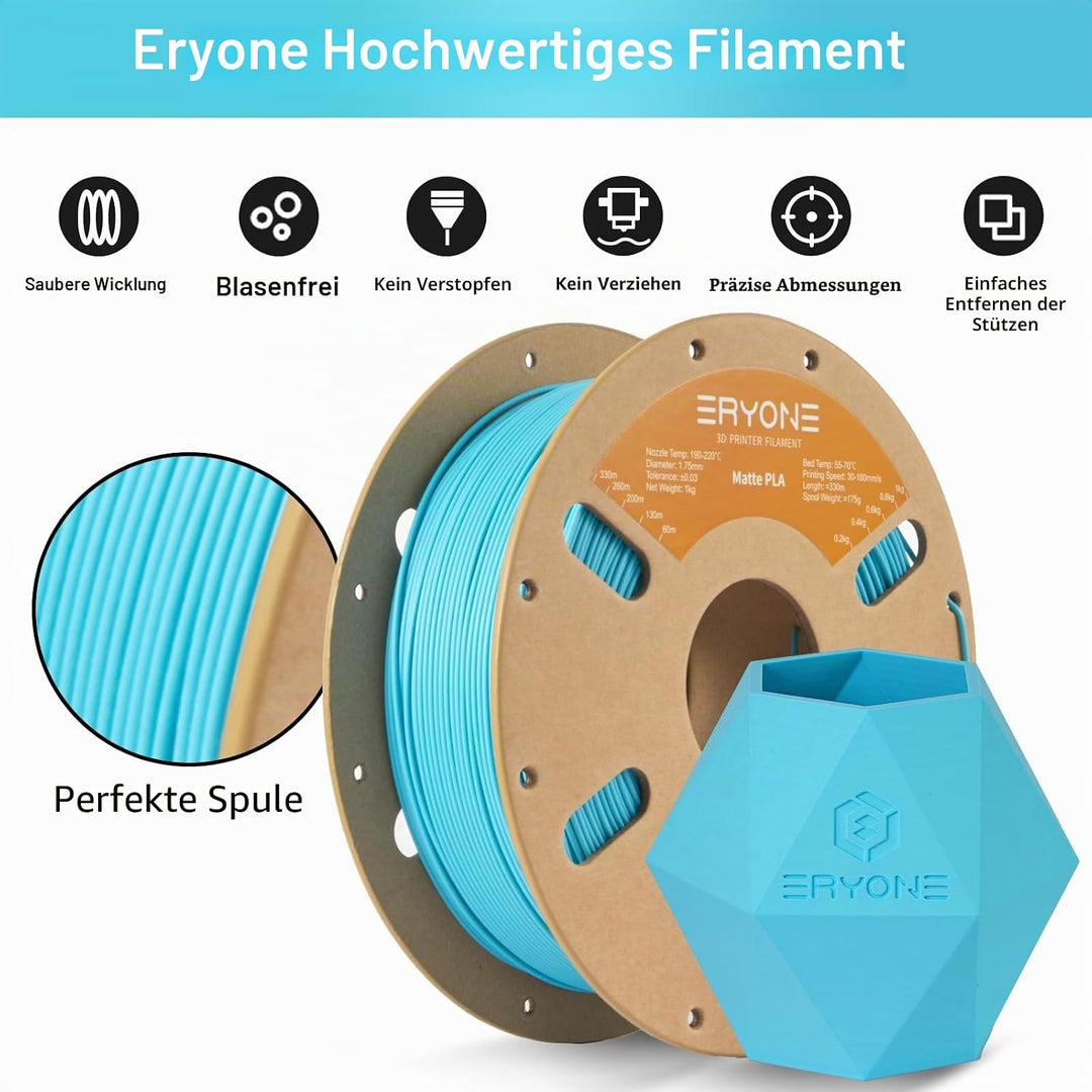 ERYONE Matte PLA 3D Drucker Filament 1.75mm, Massgenauigkeit +/- 0.03 mm, 1 kg 1 Spule, Matte Aqua B