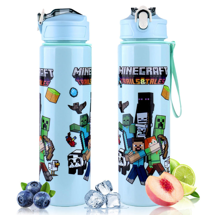 700 ml Trinkflasche mit Strohhalm – Doppelseitiges Cartoon Motiv, auslaufsicherer Trinkbecher mit De