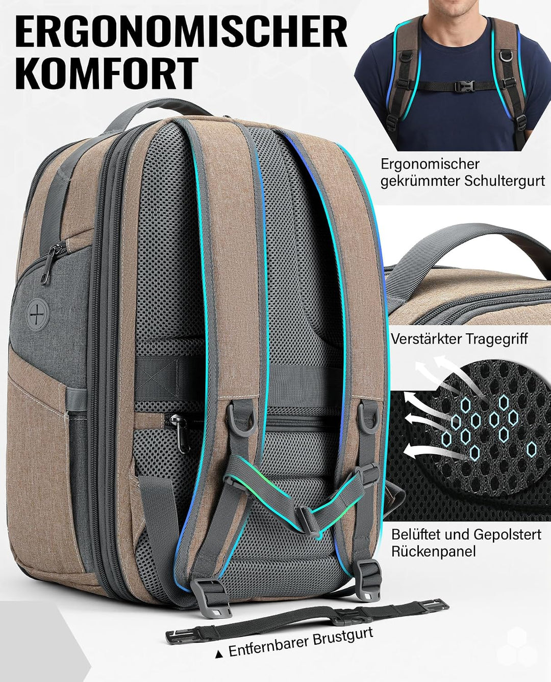 VANKEV Erweiterbarer Reiserucksack Laptoptasche Handgepäck für EasyJet | 30L-38L, grosse Kapazität,