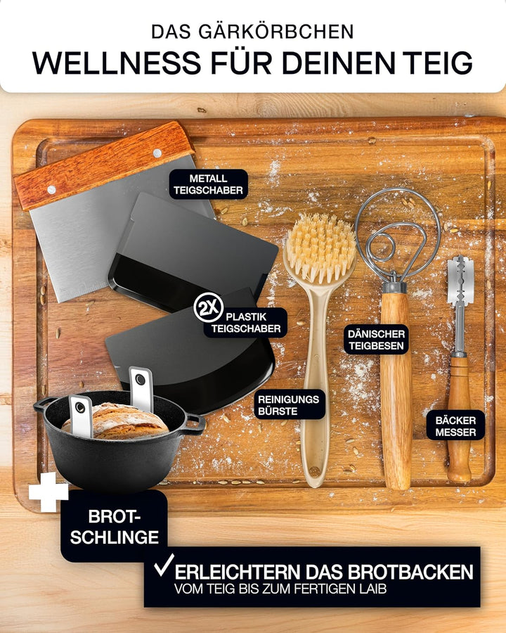 besok Gusseisen Topf Brot backen als Komplettset - Brotbackform mit Deckel inkl. Gärkorb, Schneebese