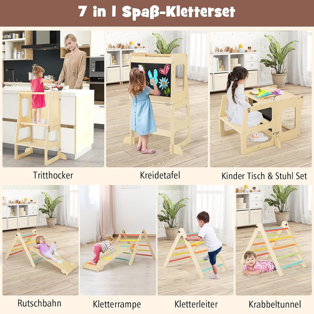 COSTWAY Kletterdreieck mit Rutsche, 7 in 1 Klettergerüst Indoor für Kinder ab 3 Jahren, inkl. Klette
