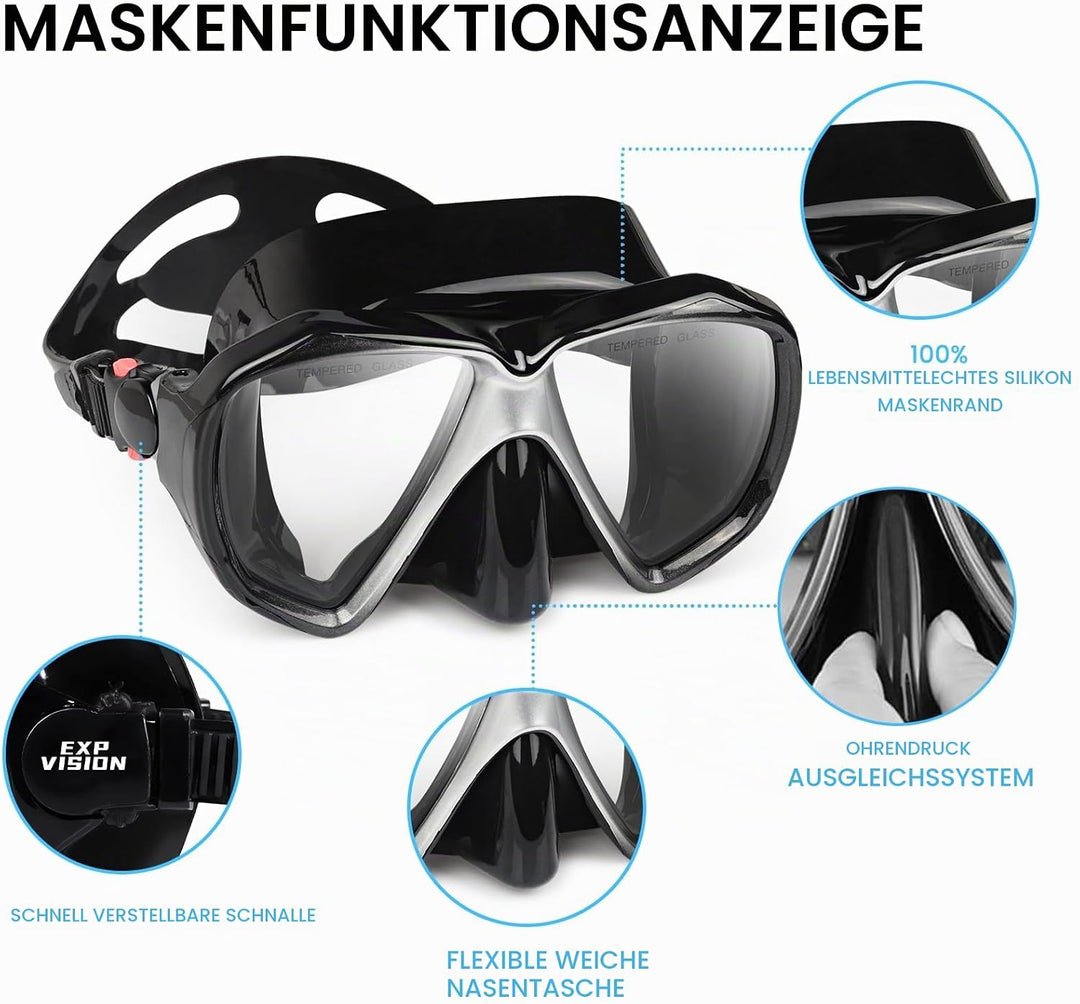 Taucherbrille für Erwachsene mit Anti-Nebel Schnorchelmaske, Schwimmmaske gehärtetem Glas und Nasena