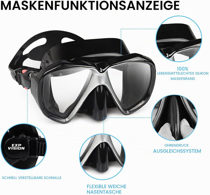 Taucherbrille für Erwachsene mit Anti-Nebel Schnorchelmaske, Schwimmmaske gehärtetem Glas und Nasena