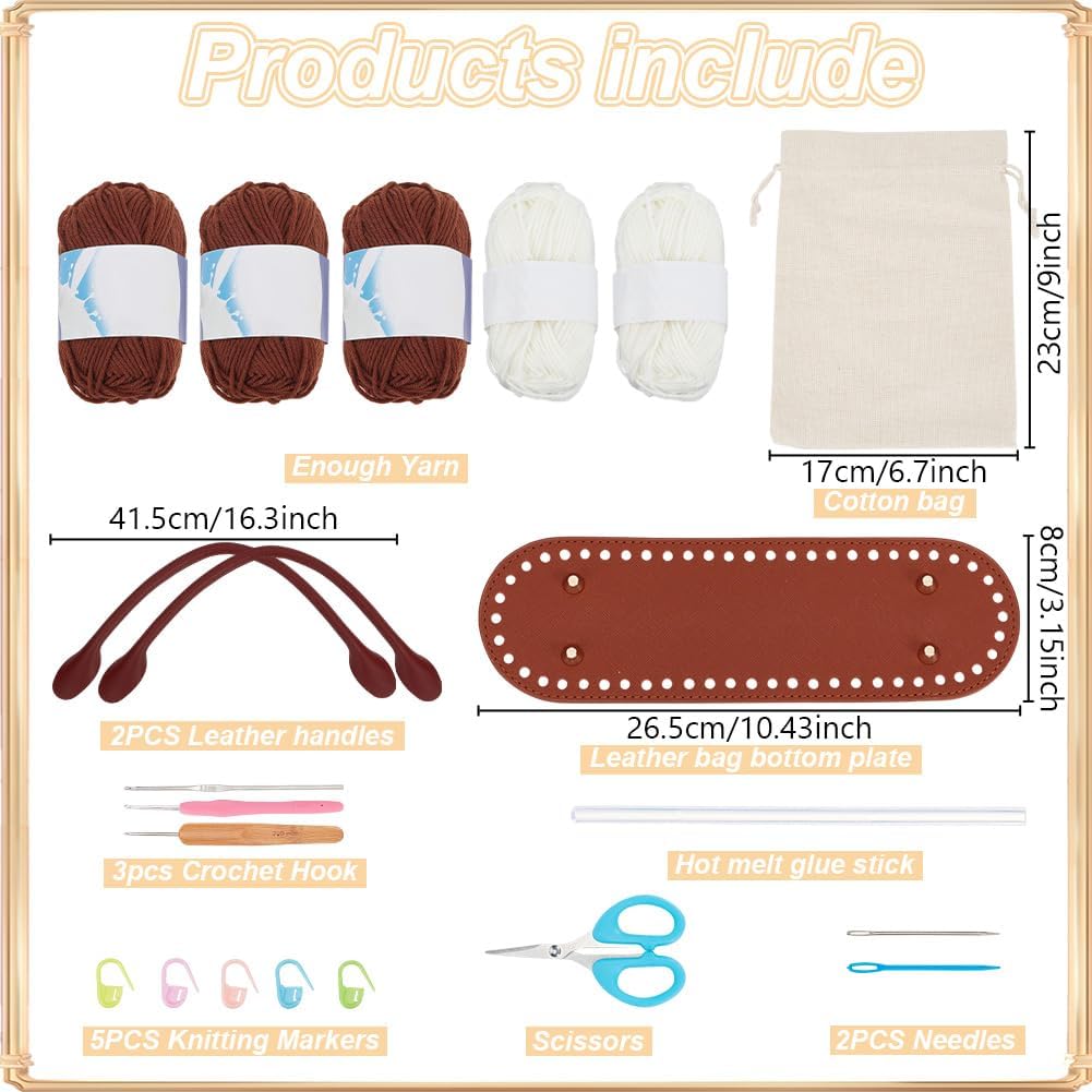 ORIGACH Dunkelbraun Gestreifte Häkelset Tasche Mit PU Lederband Und Boden Komplettes Häkelset Zum He