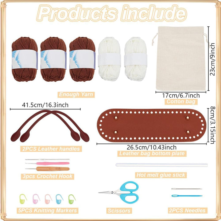 ORIGACH Dunkelbraun Gestreifte Häkelset Tasche Mit PU Lederband Und Boden Komplettes Häkelset Zum He