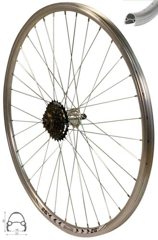Redondo 26 Zoll Hinterrad Laufrad Hohlkammer Felge QR Silber + 6 Fach Kranz