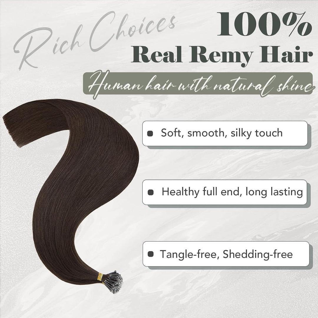 Rich Choices Nanoring Extensions 40cm #2 Dunkelbraun - Unsichtbare Haarverlängerung Echthaar Remy Se
