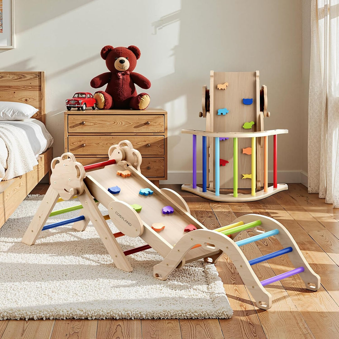 COSYLAND 8-in-1 Montessori Klettergerüst Indoor ab 1 Jahr – Kletterdreieck mit Rutsche, Kletterbogen