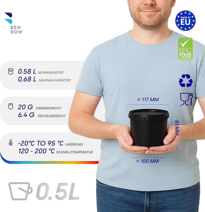 BenBow Eimer mit Deckel 0.5l Schwarz 50x 0.5 Liter - lebensmittelecht, stabil, luftdicht, auslaufsic