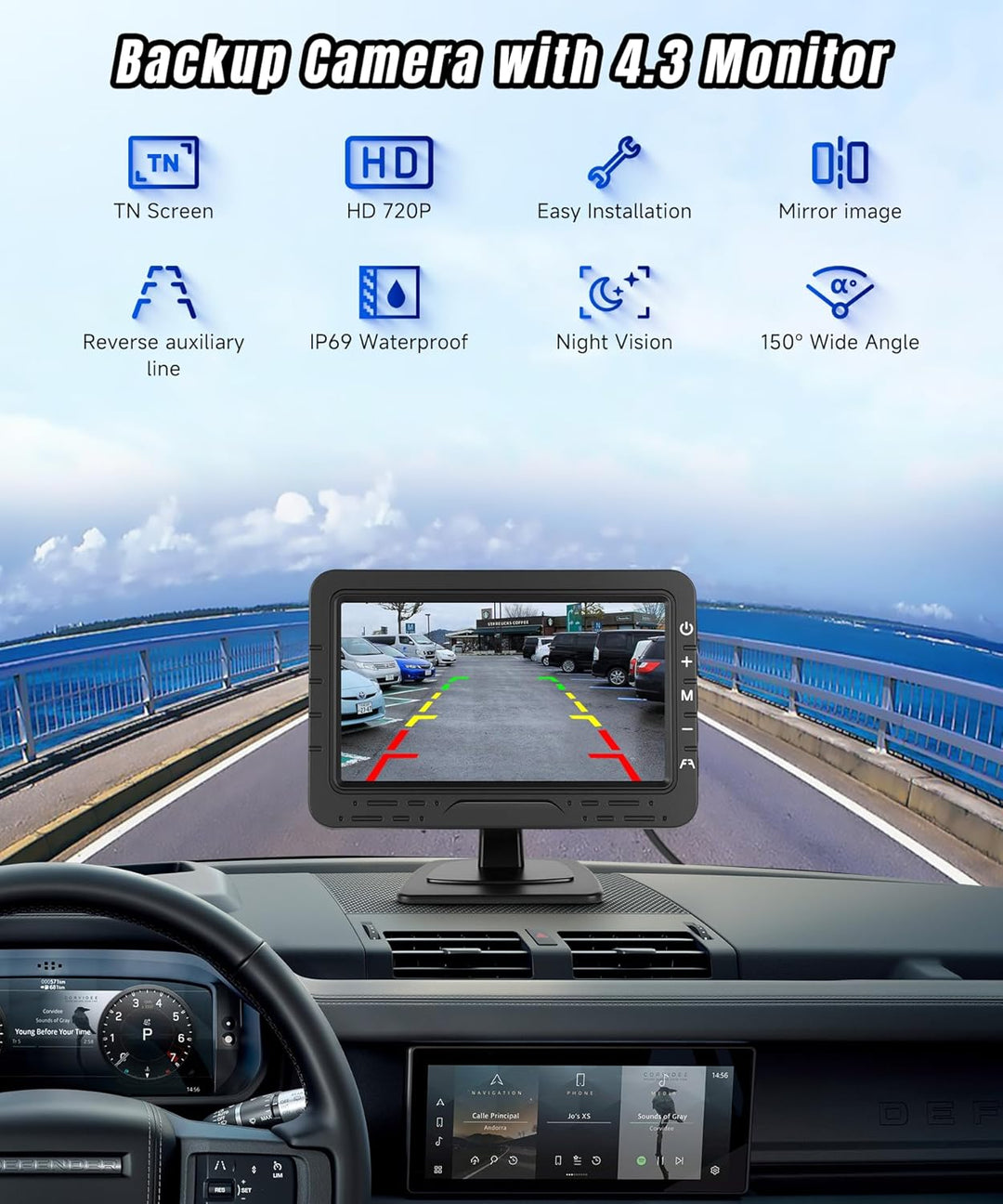 VECHTEL Rückfahrkamera Kable mit 4.3-Zoll-HD-Bildschirm, IP68 Nachtsicht Drehbar Rückfahrkamera mit
